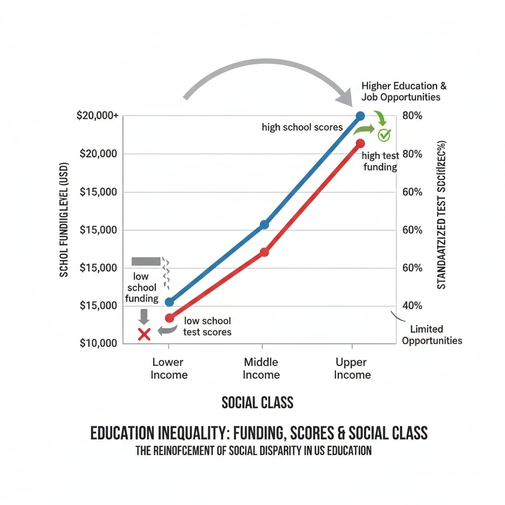 A graph presenting the correlation between school funding levels, standardized test scores, and social class in the US education system, showing how the system reinforces social inequality. Graph showing the relationship between school funding, standardized test scores, and social class in the US education system related to social class screening
