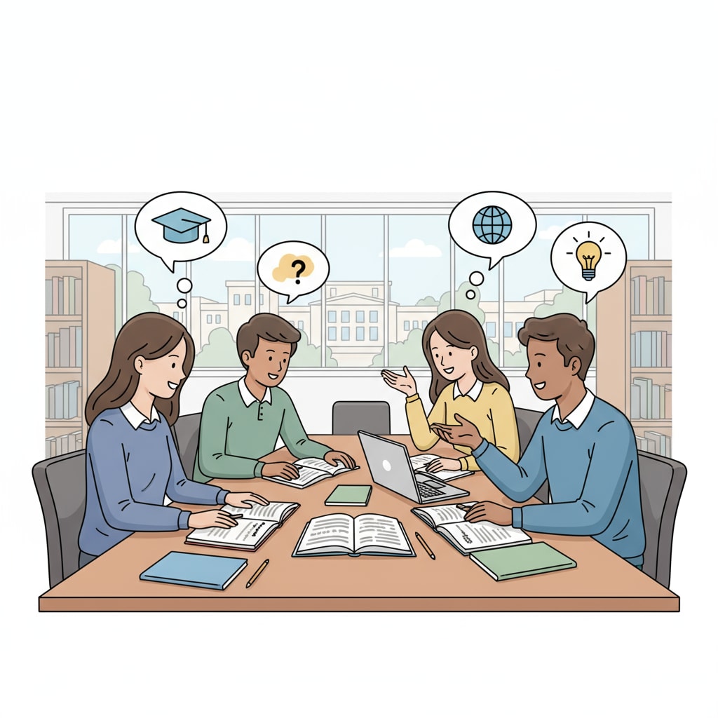 A group of students are sitting around a table, studying books and discussing ideas, which represents students preparing for university applications. Students engaged in activities related to university applications, scholarships, and extracurricular activities