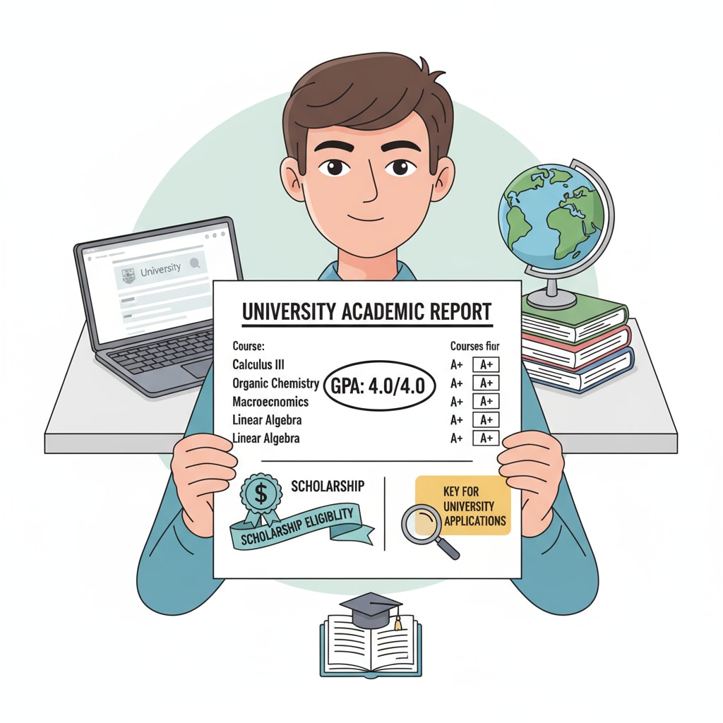 A close-up of a student looking at a report card with a high GPA, highlighting the importance of academic performance in university applications and scholarship attainment. Student viewing high GPA report card relevant to university applications, scholarships, and extracurricular activities