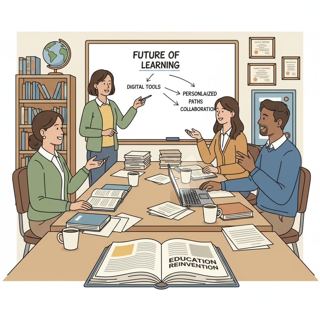 A group of K12 educators are engaged in a discussion about upgrading their education, with books and papers scattered on the table. K12 educators discussing education upgrade in relation to career choices and continuing education