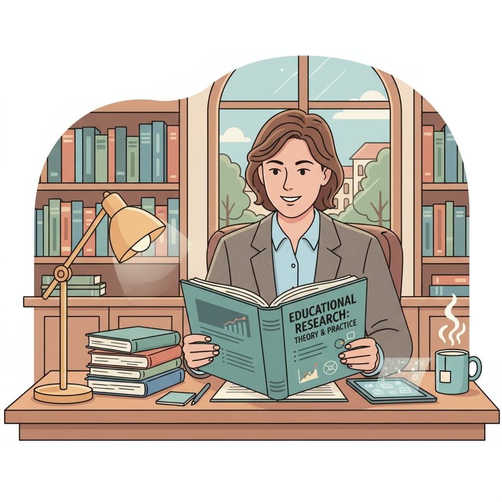 An educator is sitting at a desk, reading an educational research book, showing a focused expression. An educator involved in self - improvement through educational research related to education upgrade, career choices, and continuing education