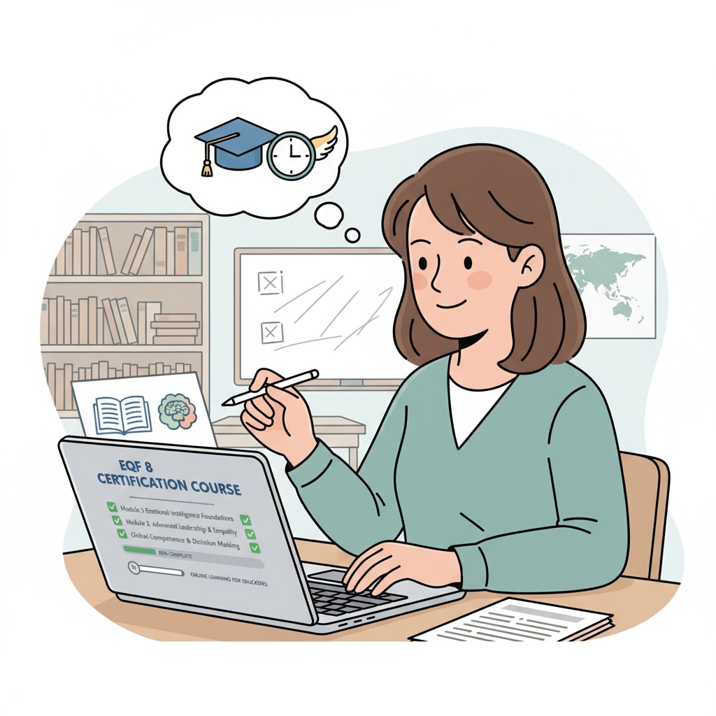 A teacher is seen using a laptop to access an online EQF 8 certification course, highlighting the convenience of online learning for full-time educators. A teacher accessing an online EQF 8 certification course