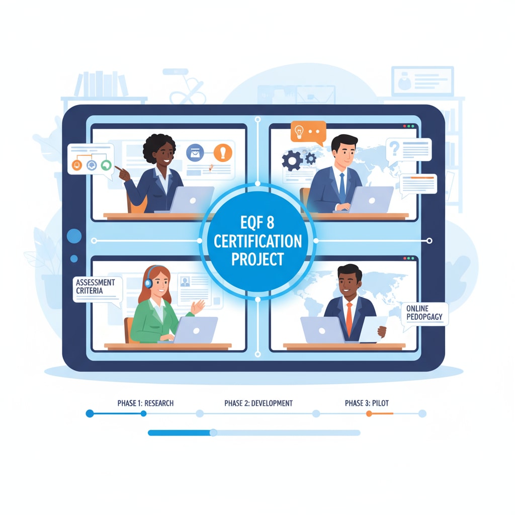 A group of educators are collaborating online on an EQF 8 certification project, showing the interactive nature of online learning for professional development. Educators collaborating on an online EQF 8 certification project