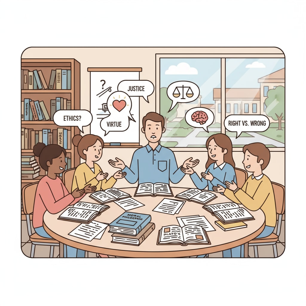 A classroom scene where students are engaged in a discussion about moral philosophy topics, with books and papers on the desks. Classroom discussion on moral philosophy and ethics for empathy development