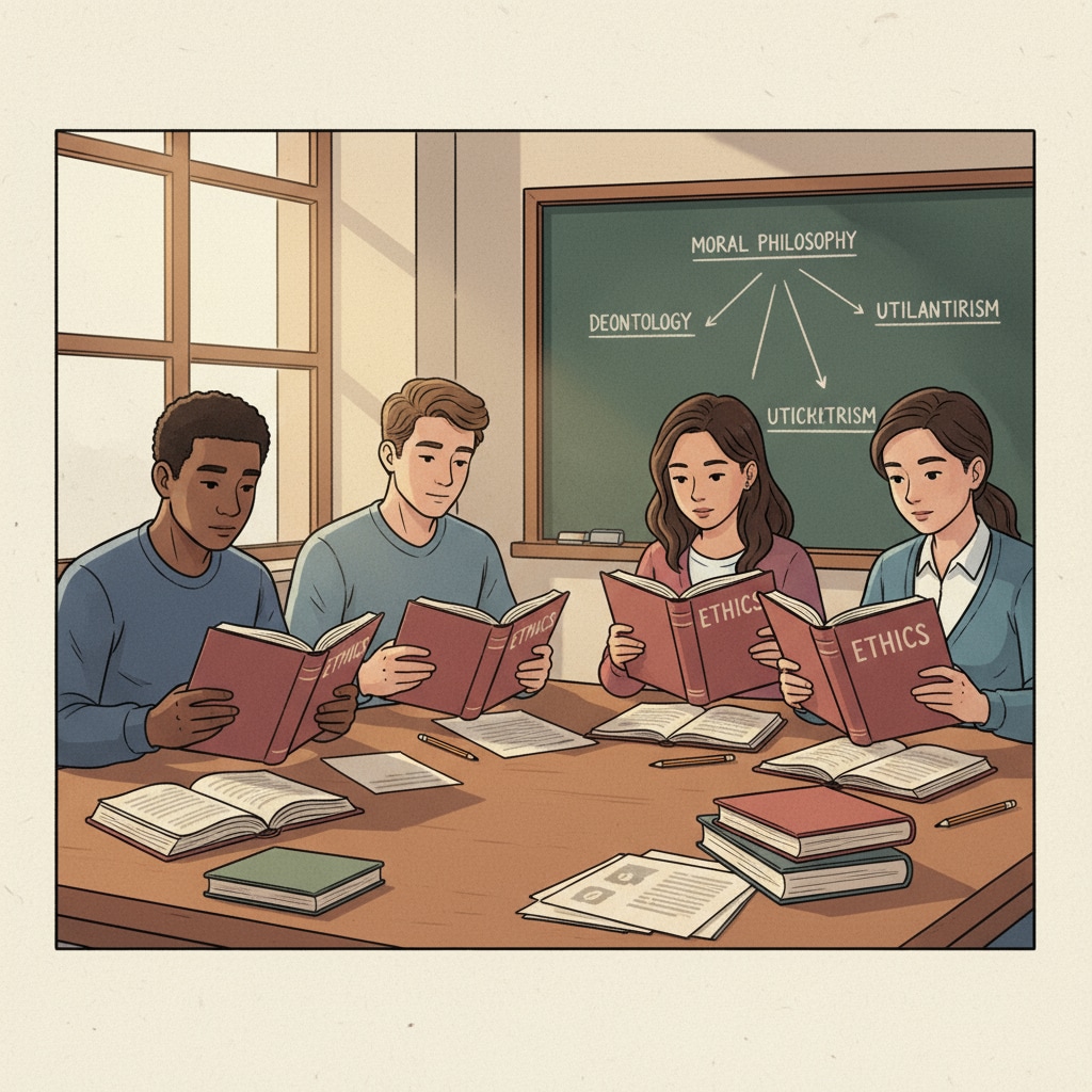 A group of students sitting around a table, reading books on ethics, with expressions of concentration on their faces. Students reading ethics books to enhance empathy skills