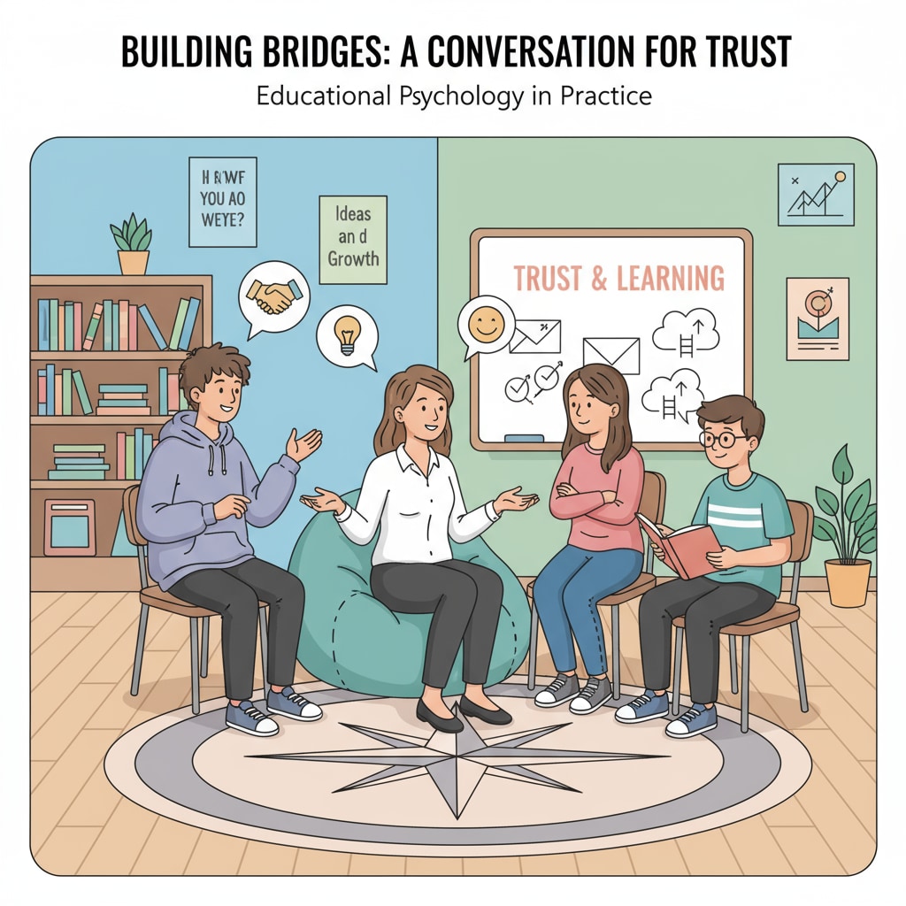 A teacher interacting with uneducated teenagers, building trust through friendly conversation. Teacher building trust with uneducated teenagers in the context of youth education, basic literacy, and teaching plans.