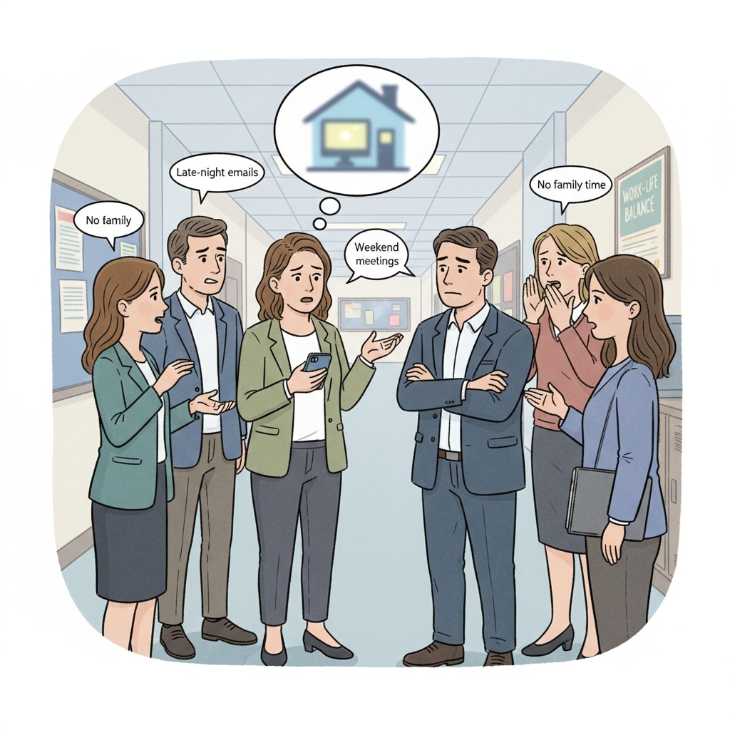 Educators in a school corridor facing potential issues related to workplace relationships, family boundaries, and children's behavior