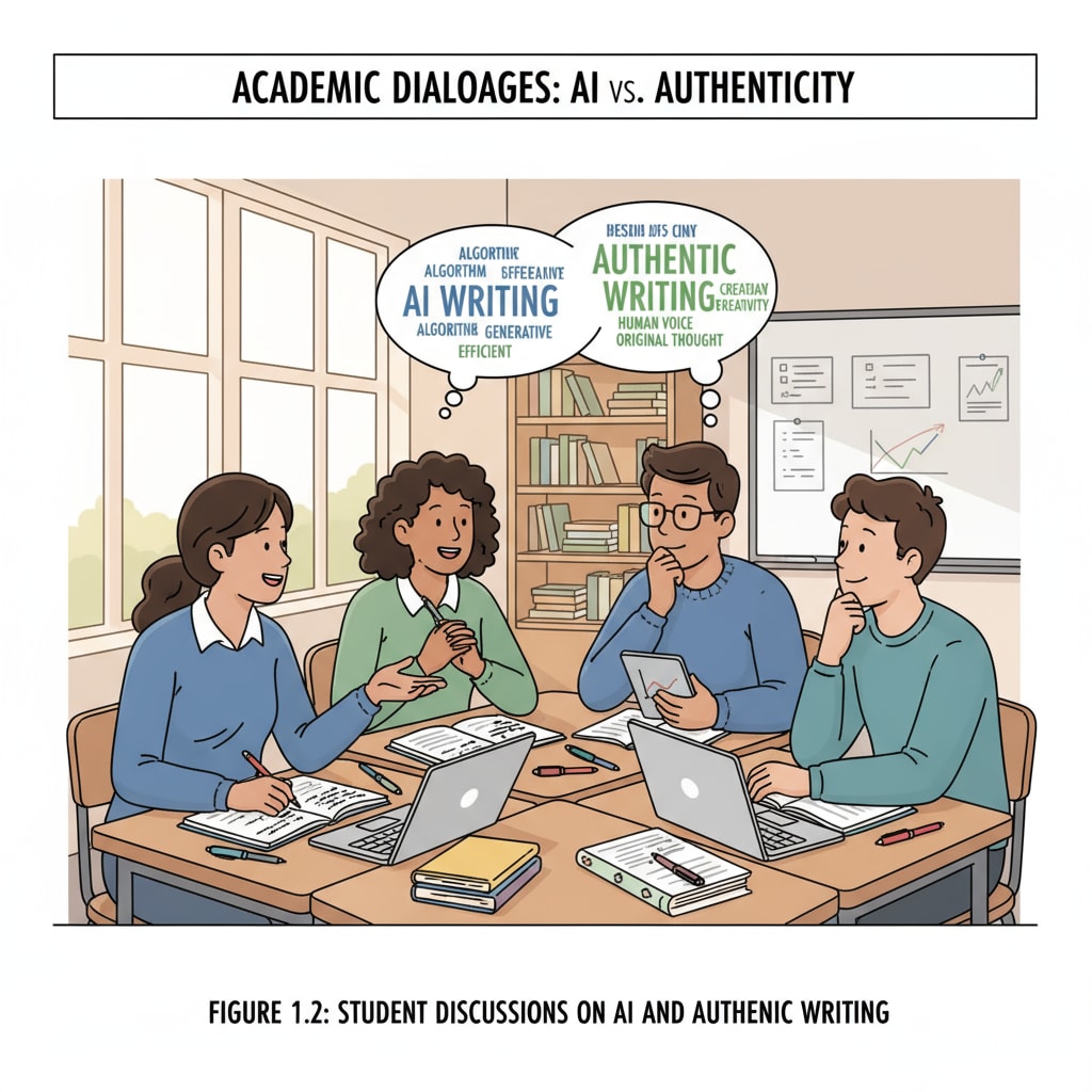 A classroom scene where students are discussing AI writing and authentic writing, with notebooks and pens on the desks, engaged in a lively conversation. Students discussing AI writing and authentic writing in a classroom