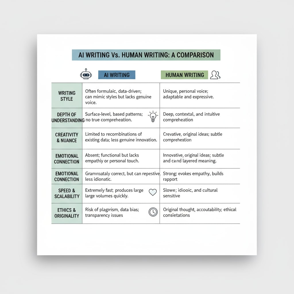 A comparison chart showing differences between AI writing and human writing, with columns for characteristics like writing style, depth of understanding, and use of language. Comparison of AI writing and human writing