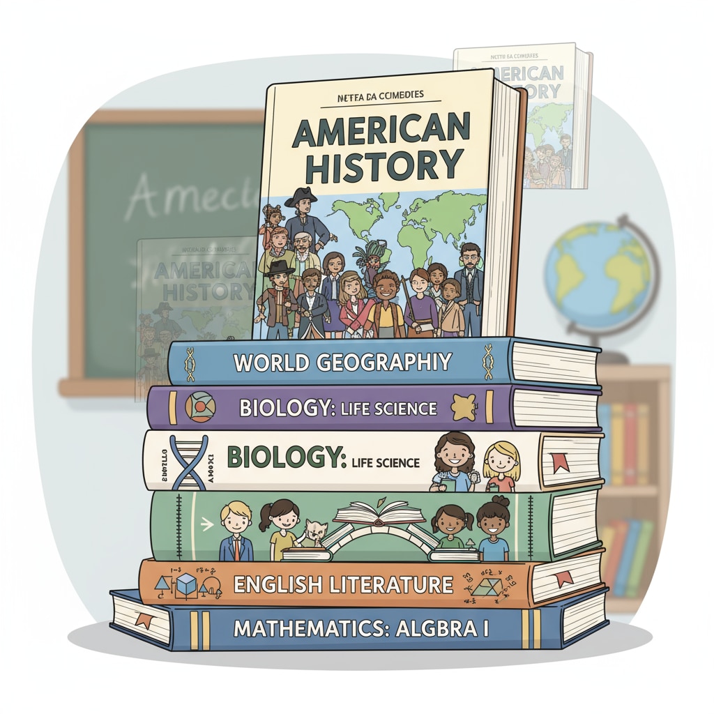 Stack of textbooks in American K12 education showing potential cultural bias and need for reform