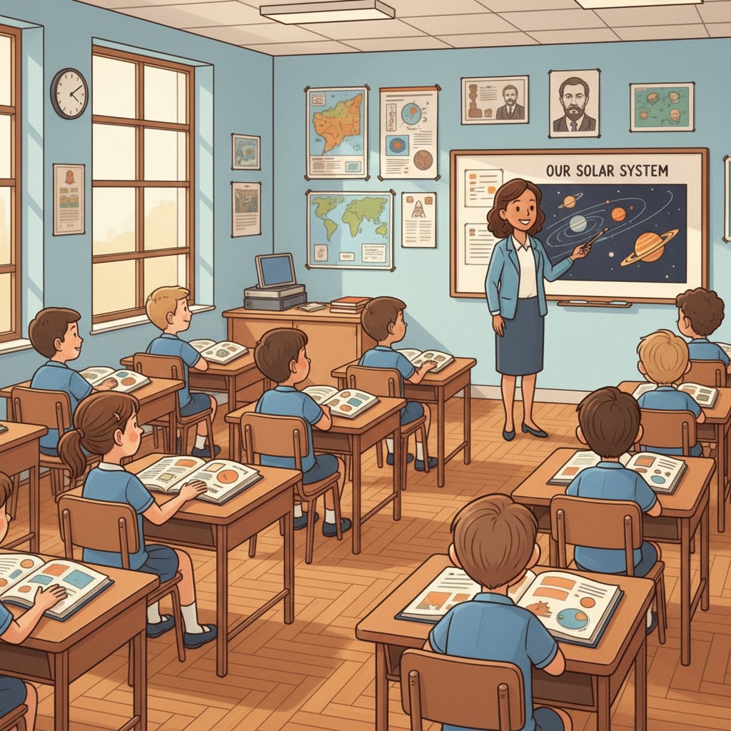 A classroom scene where students are sitting obediently at their desks, listening to the teacher, with textbooks open, representing the traditional school system setup A typical classroom setup emphasizing obedience in the school system