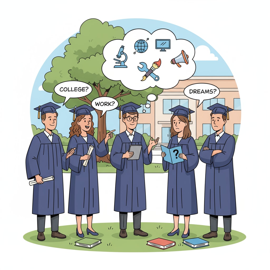 A group of high school graduates are gathered together, engaged in a lively discussion about their future career plans, with some looking excited and others showing a bit of concern. High school graduates discussing career choices, employment prospects, and higher education options