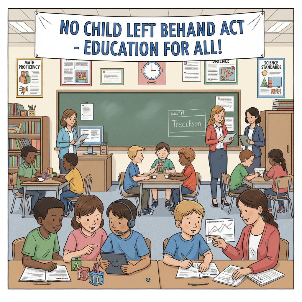 Students engaged in learning activities influenced by the NCLB Act in the context of educational accountability and school transformation.