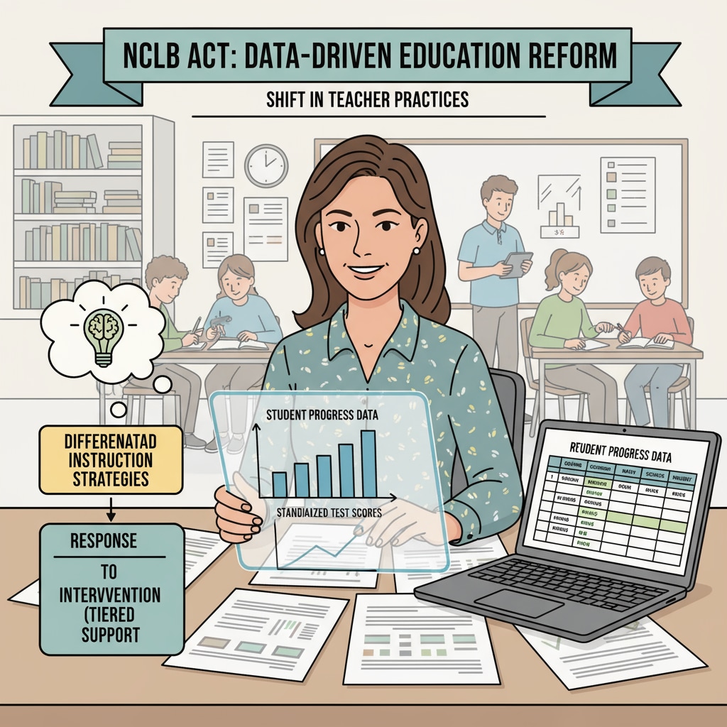 Teacher using data for lesson planning as a result of the NCLB Act's impact on educational accountability and school transformation.