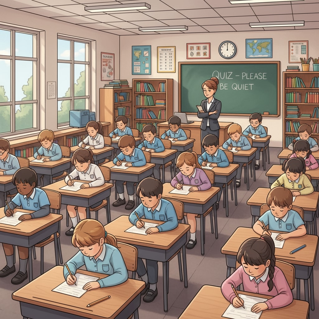 A classroom is filled with students sitting at their desks, focused on taking a test. A proctor is standing at the front, observing the students. A test proctor monitoring students during a test in a K12 classroom