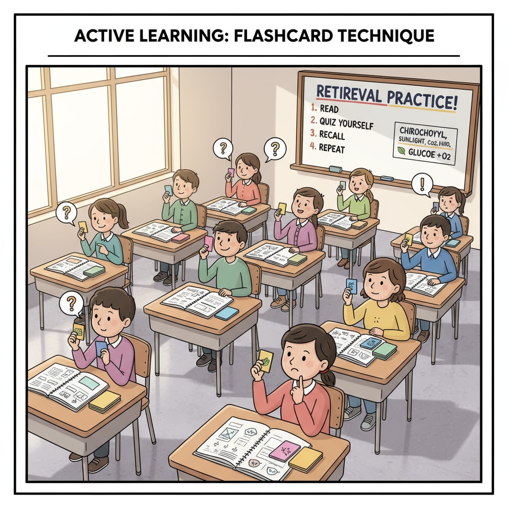 Students sitting at their desks, using flashcards to quiz themselves, with notebooks and textbooks nearby, practicing retrieval of knowledge. Students practicing knowledge retrieval as part of ultralearning, learning methods, focus, and practice in K12