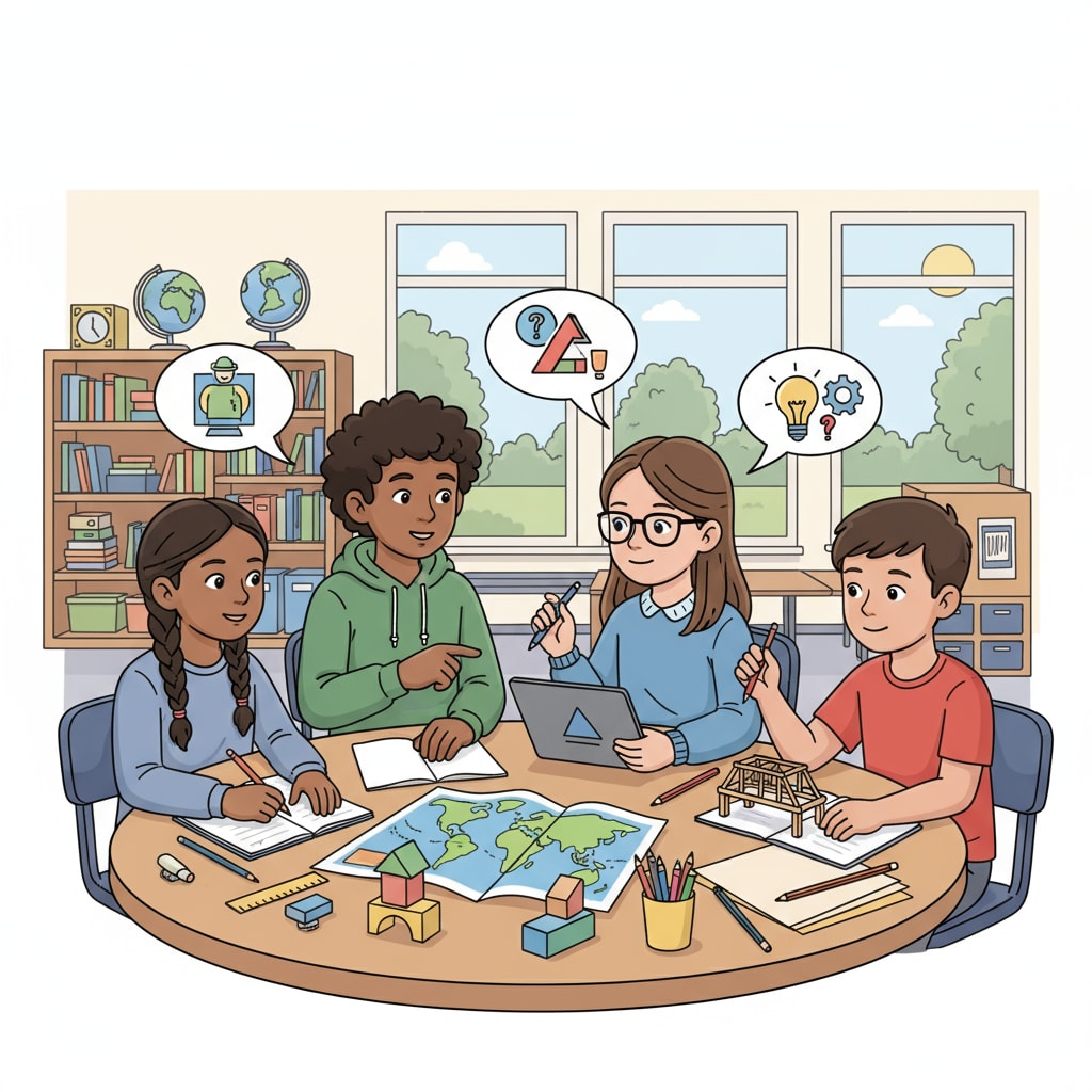 A group of middle school students are collaborating on a project, discussing ideas and working together. Middle school students collaborating for workplace readiness soft skills