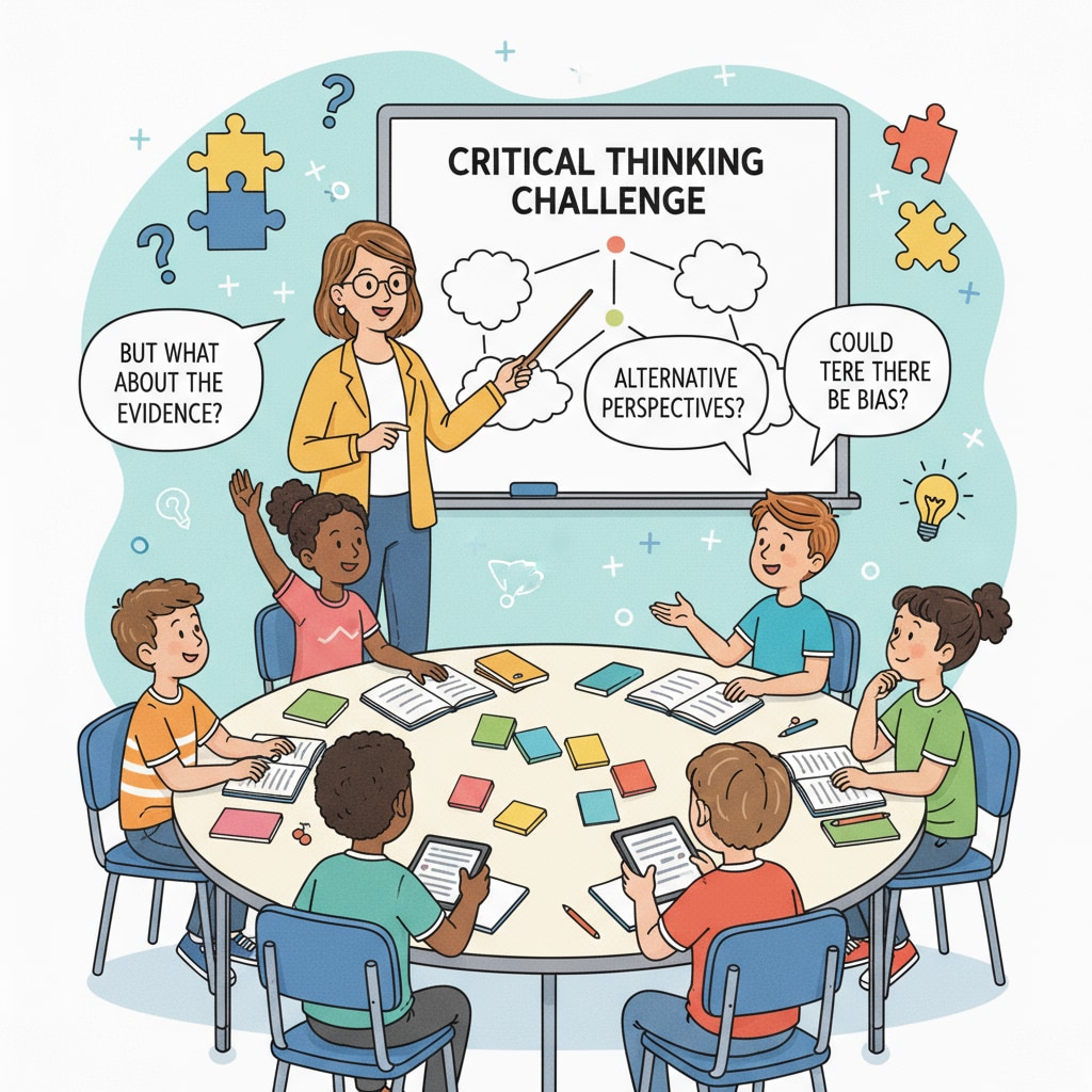 A middle school teacher is leading a critical thinking activity, where students are actively participating and expressing their thoughts. Middle school teacher conducting critical thinking activity for soft skills in workplace readiness