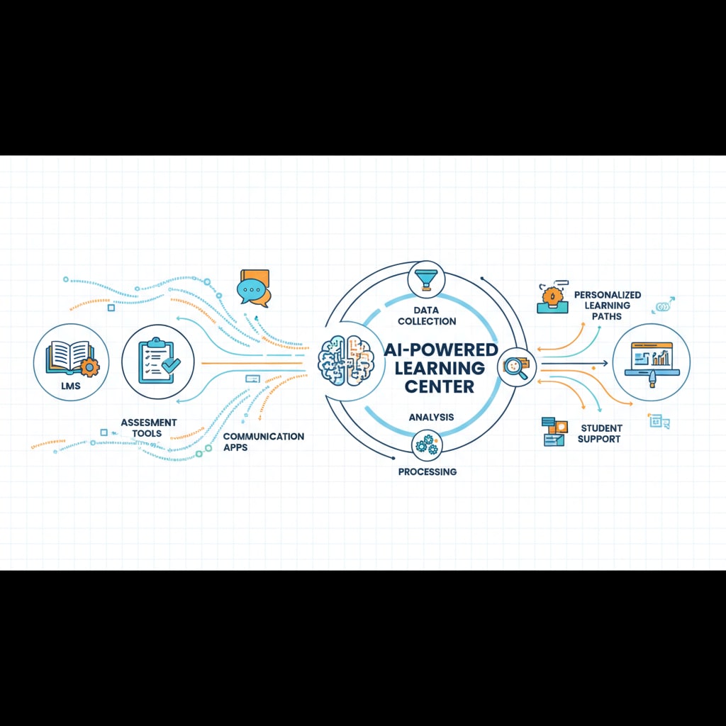 An illustration of data sources feeding into an AI learning center for student data integration and teaching insights