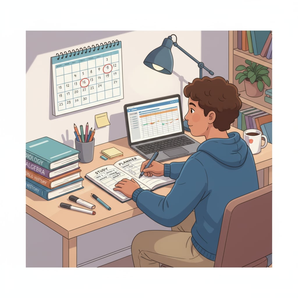 A student is sitting at a desk, looking at a calendar and books while making a study plan. A student practicing time management for exam revision
