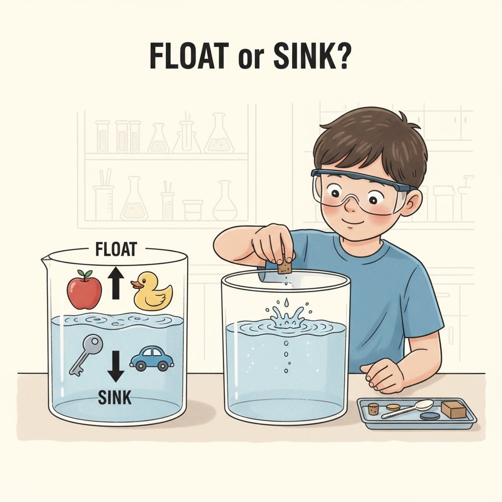A child is performing a float or sink experiment, carefully dropping small items into a container filled with water. A child conducting a float or sink science experiment for primary school students in a science exhibition context
