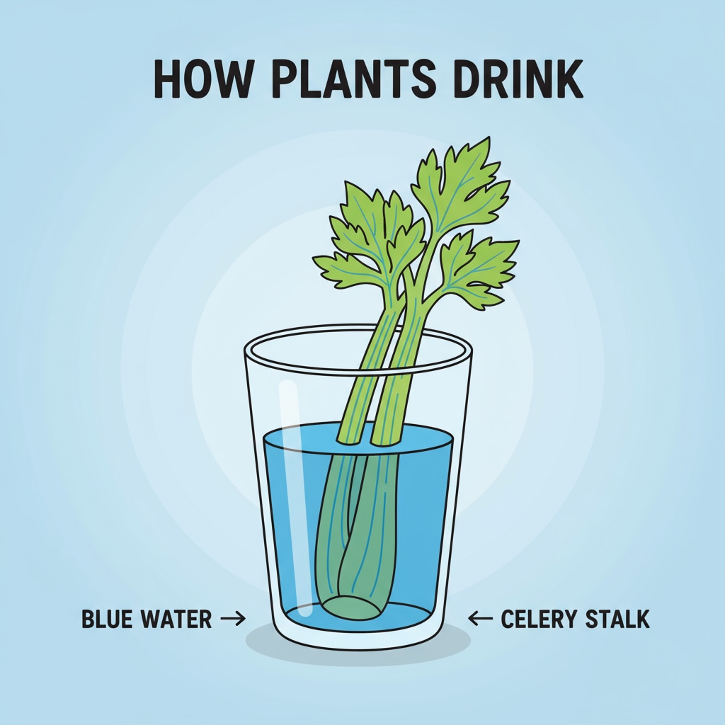 A glass with colored water and a celery stalk inserted, showing the colored water climbing up the celery, which is part of a science experiment for primary school students. A colored celery science experiment setup for primary school students relevant to science exhibitions