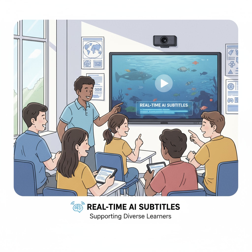An image depicts students from various ethnic backgrounds watching an educational video on a large smart screen. The screen shows AI-generated subtitles in real-time, highlighting how AI assistive tools can support diverse learners in video teaching. Students watching an educational video with AI-generated subtitles, demonstrating the role of AI in promoting learning equity in video teaching.