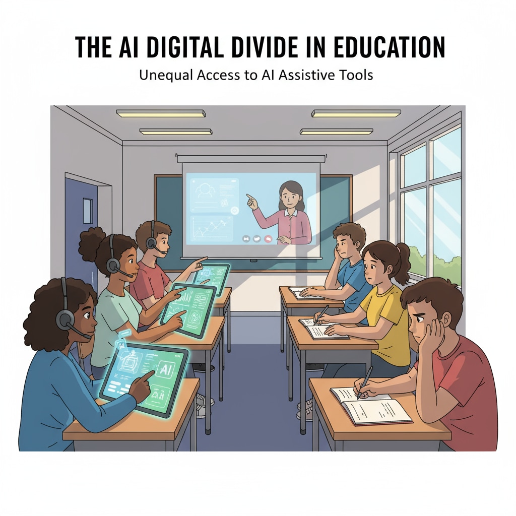 A classroom scene where some students are using AI-powered tablets for learning, while a few students are sitting at their desks without such devices. This shows the potential digital divide related to the use of AI assistive tools in video teaching. A classroom with a digital divide in the use of AI assistive tools for video teaching, highlighting a challenge to learning equity.