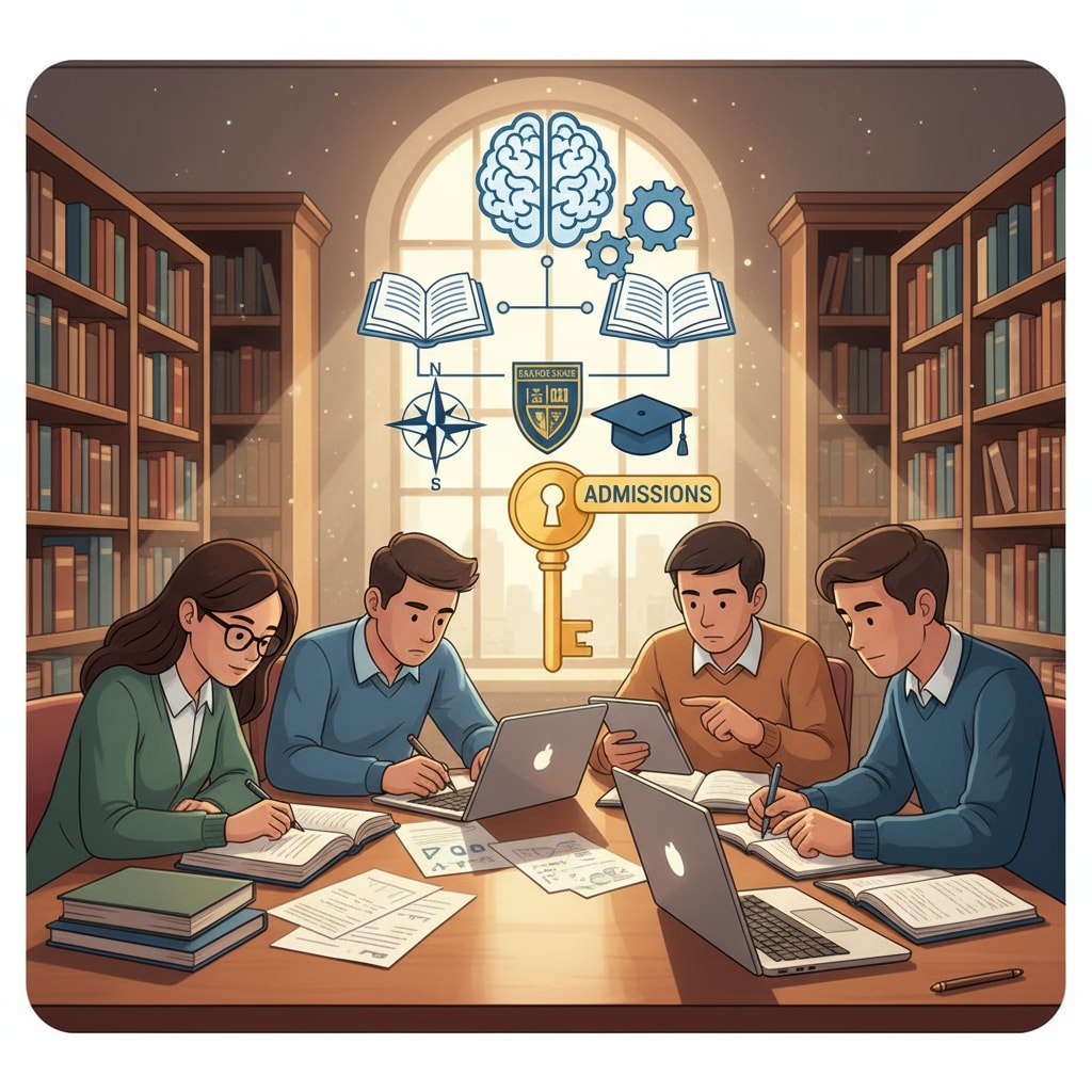 A group of students are studying seriously in a library, which symbolizes their pursuit of academic knowledge and represents the importance of academic rigor in the college application process. Students demonstrating academic rigor in a library setting for college applications