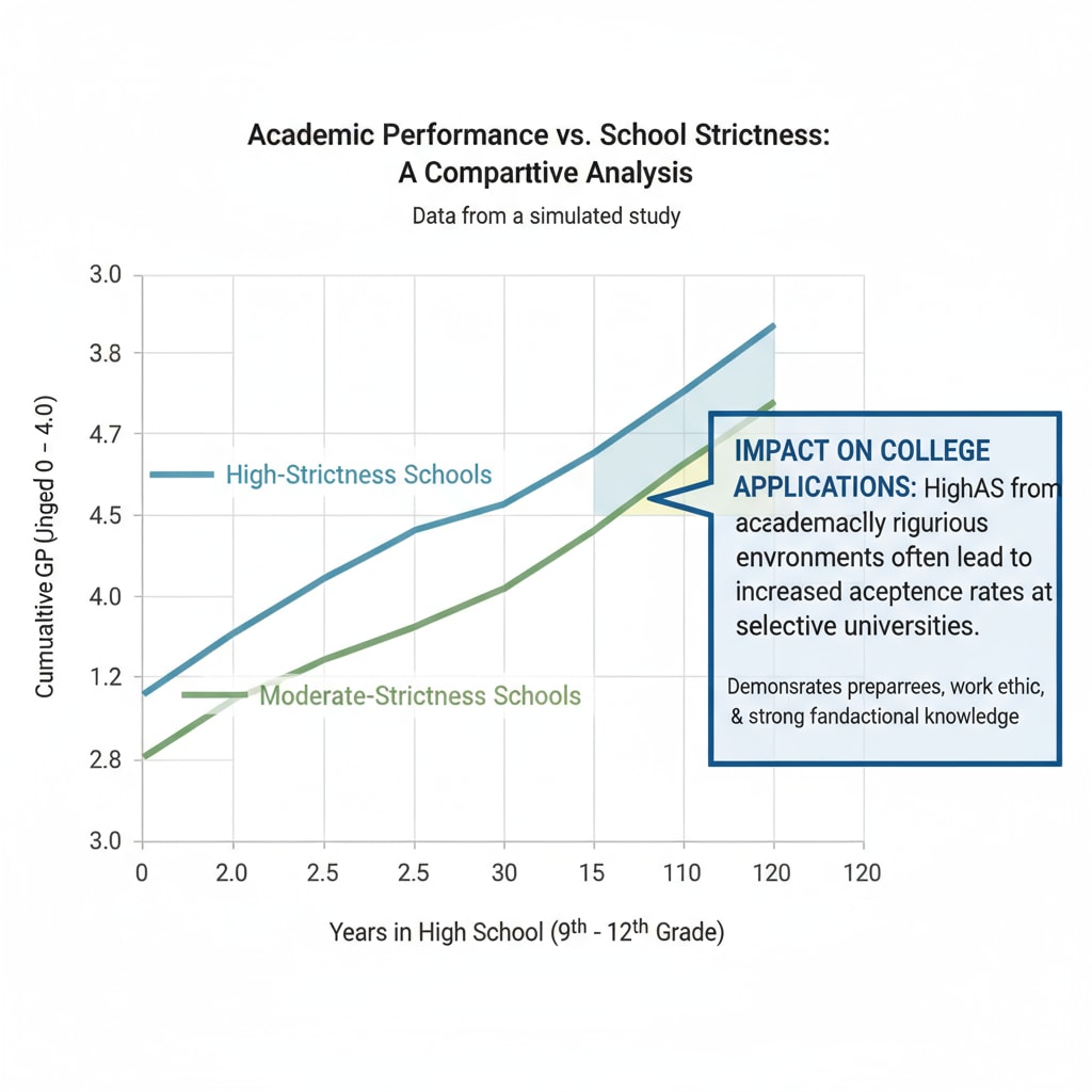 A graph visually compares the academic performance of students from schools with different levels of academic strictness, highlighting the potential impact on college applications. Graph showing the impact of academic rigor on students' academic performance related to college applications