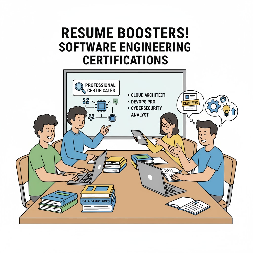 A group of students are engaged in a discussion about software engineering certificates in a classroom setting. There are books and laptops on the desks, and they seem to be sharing ideas and information related to enhancing their resumes through certifications. Students discussing software engineering certificates to boost their resumes with an IBM AI touch