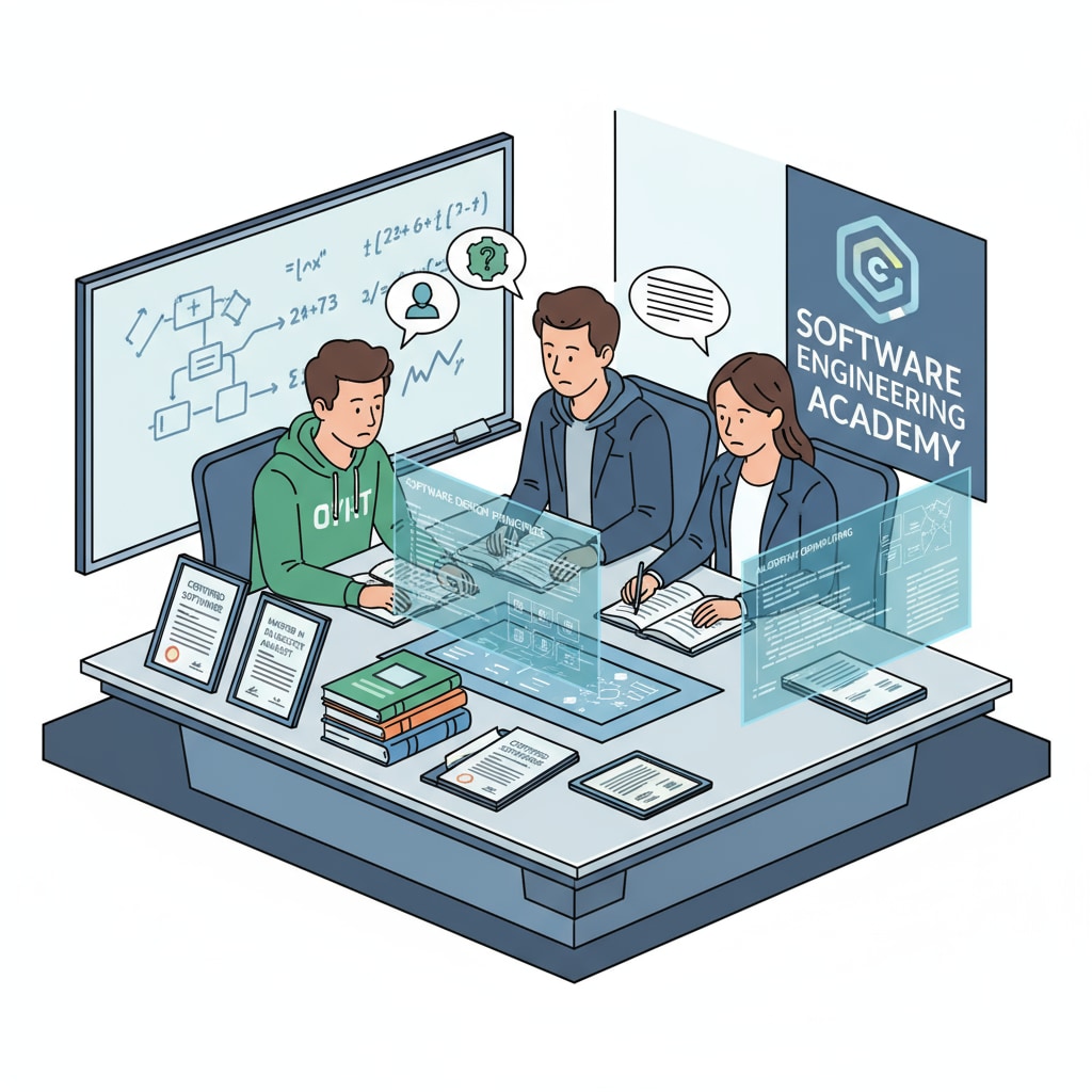Students are studying software engineering concepts, and there are certificates displayed on the table. The students are looking intently at the materials, indicating their focus on acquiring knowledge and relevant certifications. Students studying software engineering with certificates relevant to IBM AI and resume enhancement