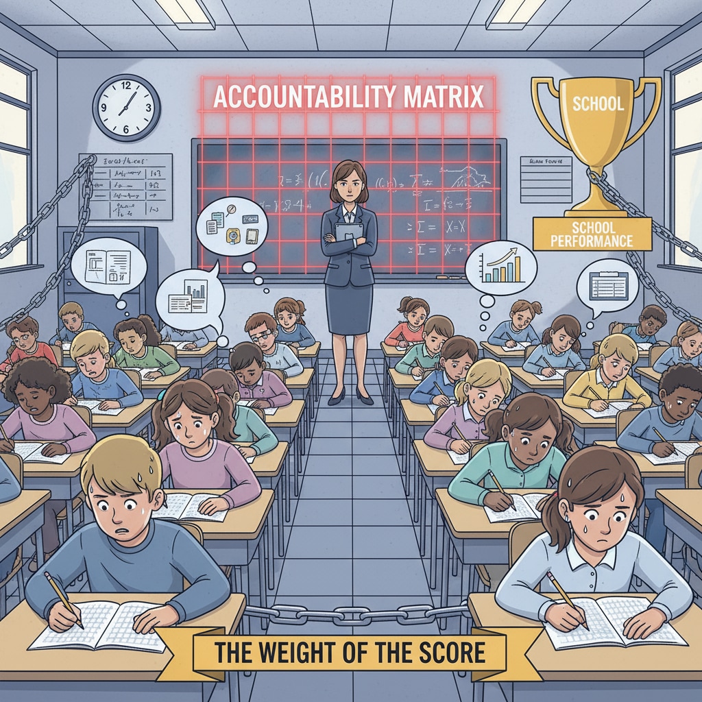 A classroom scene where students are taking a standardized test, representing the impact of educational accountability measures on students. Classroom scene of students taking a standardized test related to educational accountability, NCLB Act, and principal's dilemma