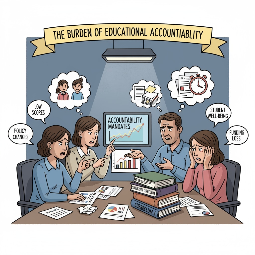 A group of educators gathered around a table, discussing test results, highlighting the stress and challenges brought by educational accountability policies. Group of educators discussing test results in the context of educational accountability, NCLB Act, and principal's dilemma