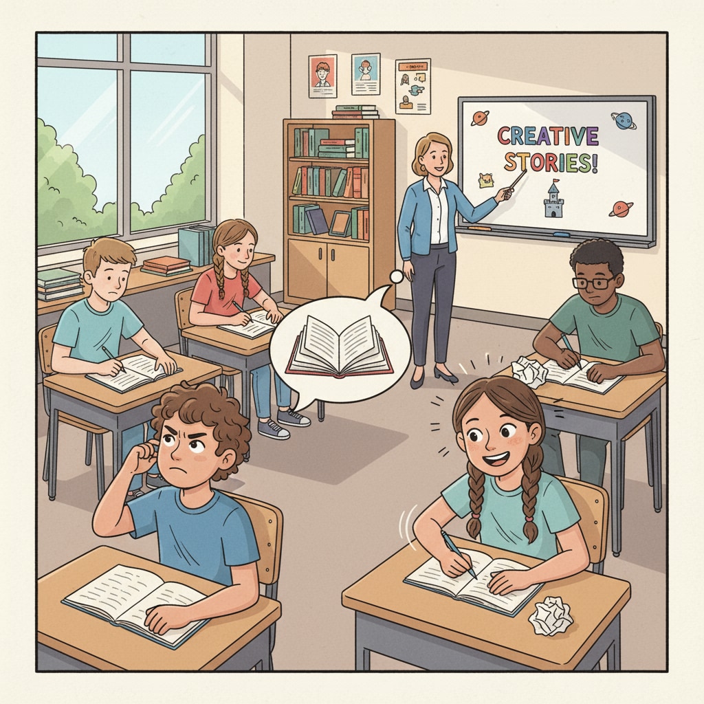 Students in an English class are intently writing down their creative stories. Some are furrowing their brows in thought, while others are scribbling quickly, showing their enthusiasm for the creative writing activity. Students writing creative stories in an English class as part of creative activities for learning memories