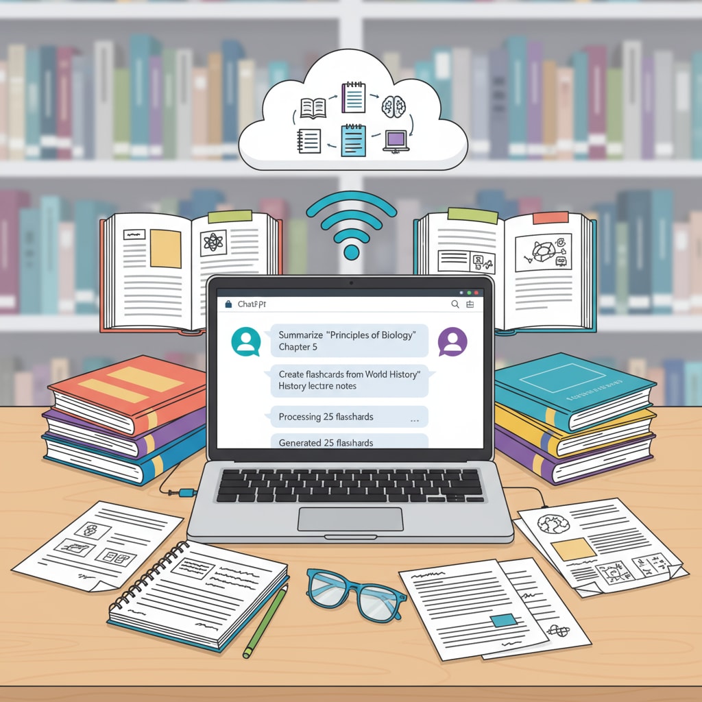 A student is depicted using a laptop with ChatGPT interface open, highlighting how ChatGPT is being used to process study materials such as textbooks and notes. A student using ChatGPT for AI learning in K12 to process study materials