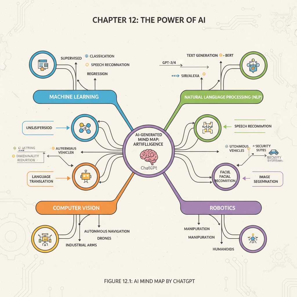 A sample mind map generated by ChatGPT for a particular subject, showing main topics, subtopics, and connections between them. A mind map generated by ChatGPT for better understanding in AI learning for K12