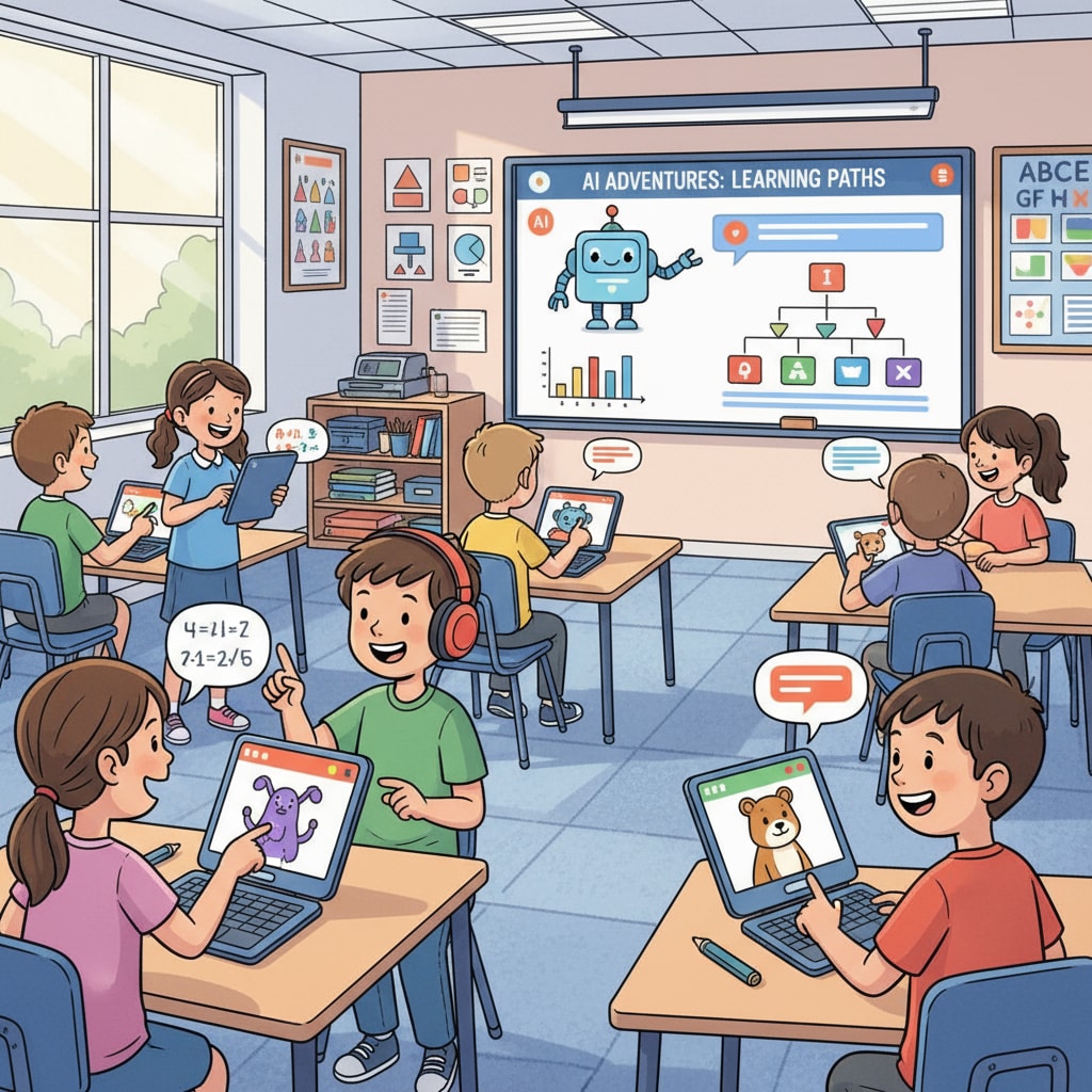 Children engaged in technological exploration through AI learning apps, related to AI avatars, child safety, and technological exploration.