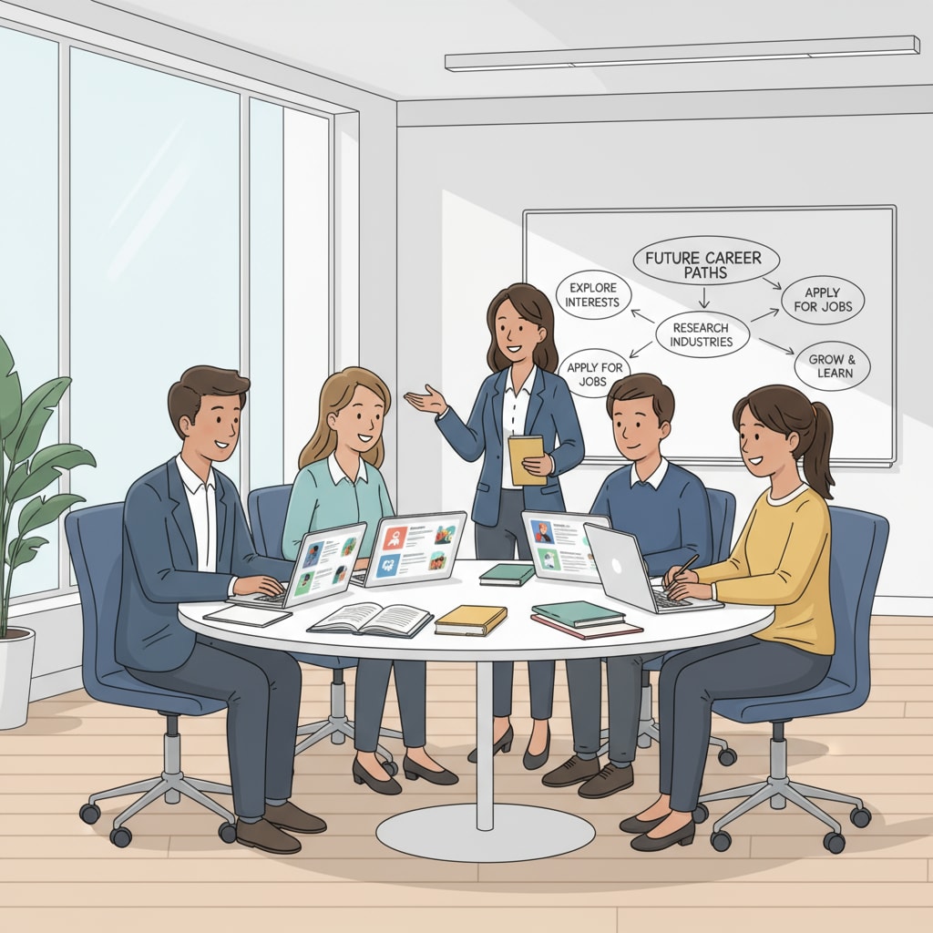 A group of students are engaged in a discussion about their future career paths in a modern and well-lit office space, with some looking at job listings on laptops. Students discussing career plans in an office related to grades, employment, and students
