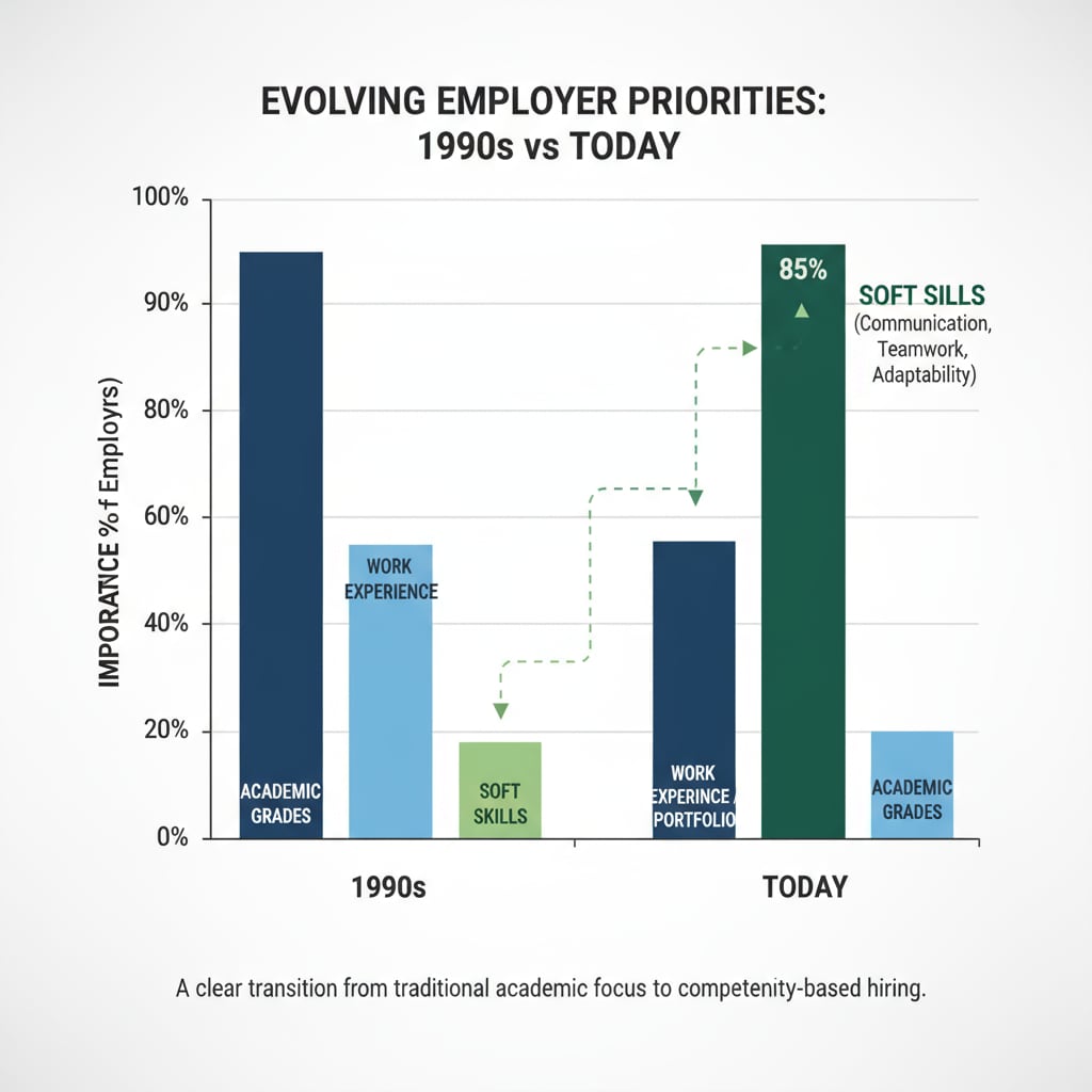 A bar graph presenting the changing priorities of employers over the past few decades, showing a shift from emphasizing academic grades to a broader range of skills. Graph showing changing employer requirements relevant to grades, employment, and students