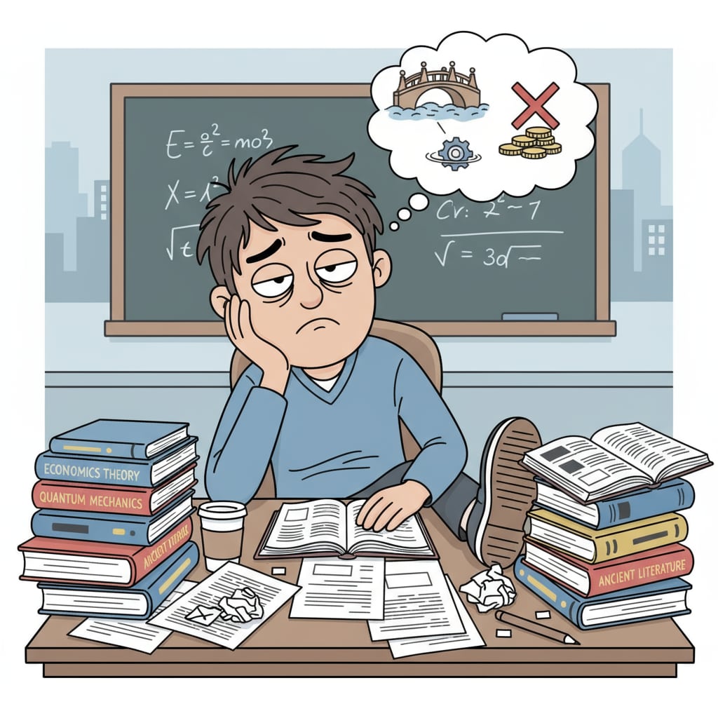 A bored student at a desk surrounded by textbooks highlighting school education practicality issues