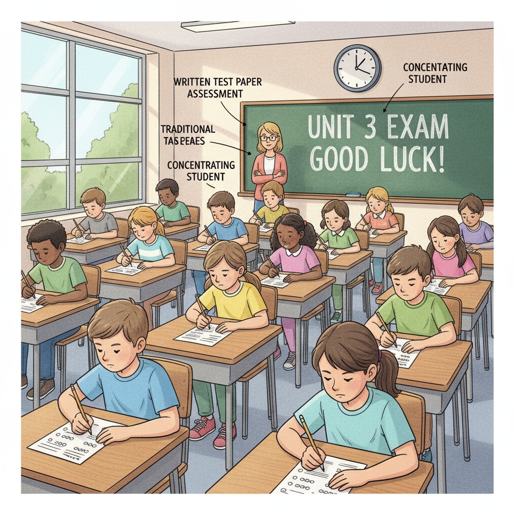 A classroom scene shows students sitting at their desks, focused on answering questions on a written test paper. This represents the traditional assessment method in K12 education. A classroom scene of students taking a traditional written test related to education assessment, student ability measurement, and teaching strategies