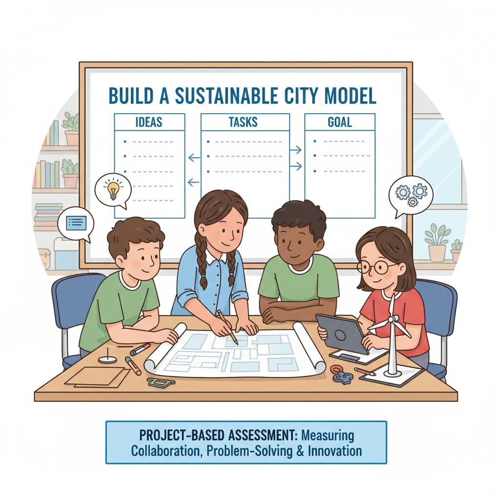 A group of students are collaborating on a project. They are discussing ideas, dividing tasks, and working together to achieve the project goal, which reflects the use of project-based assessment for student ability measurement. A group of students working together on a project for education assessment, student ability measurement, and teaching strategies