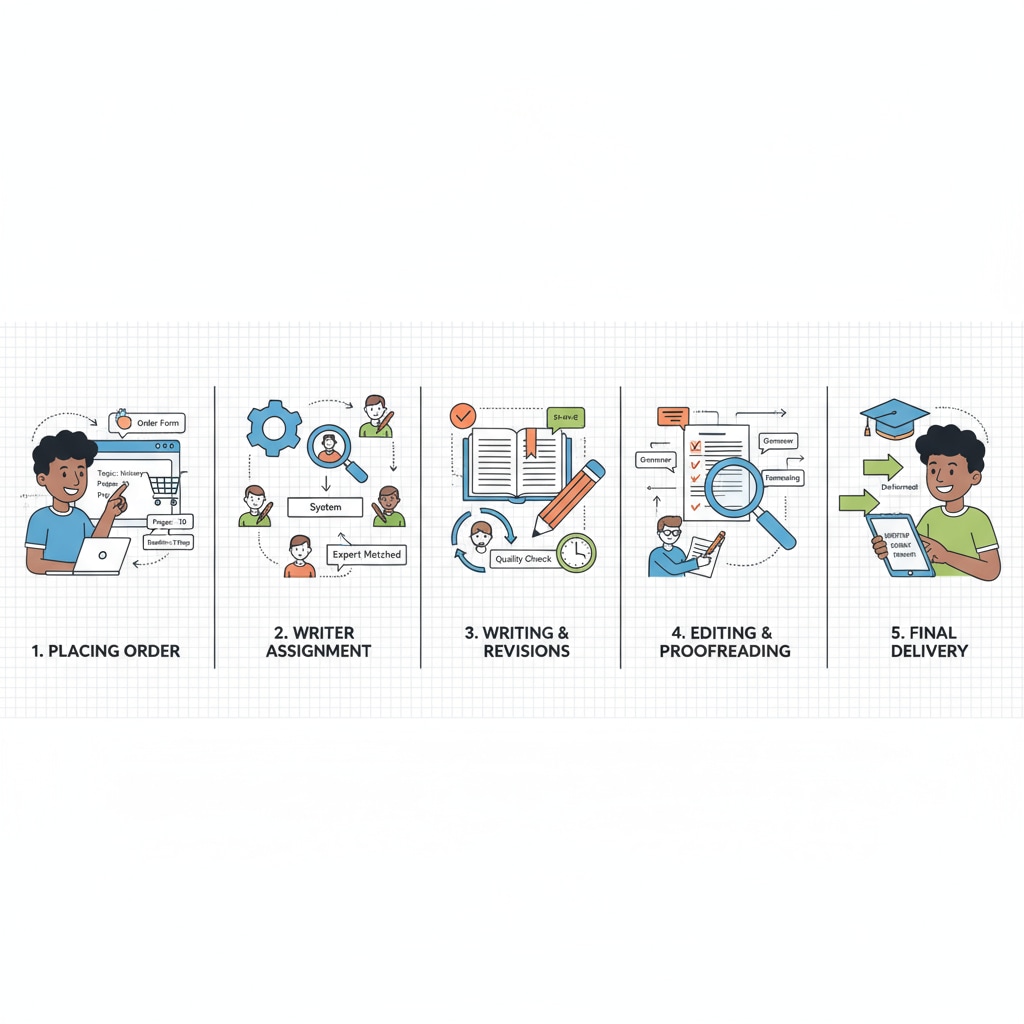 A graphic showing the sequential steps involved in a writing service, from a student placing an order to receiving the final delivered essay. Graphic representing the process of lawessaypros' essay writing service related to legitimacy and credibility