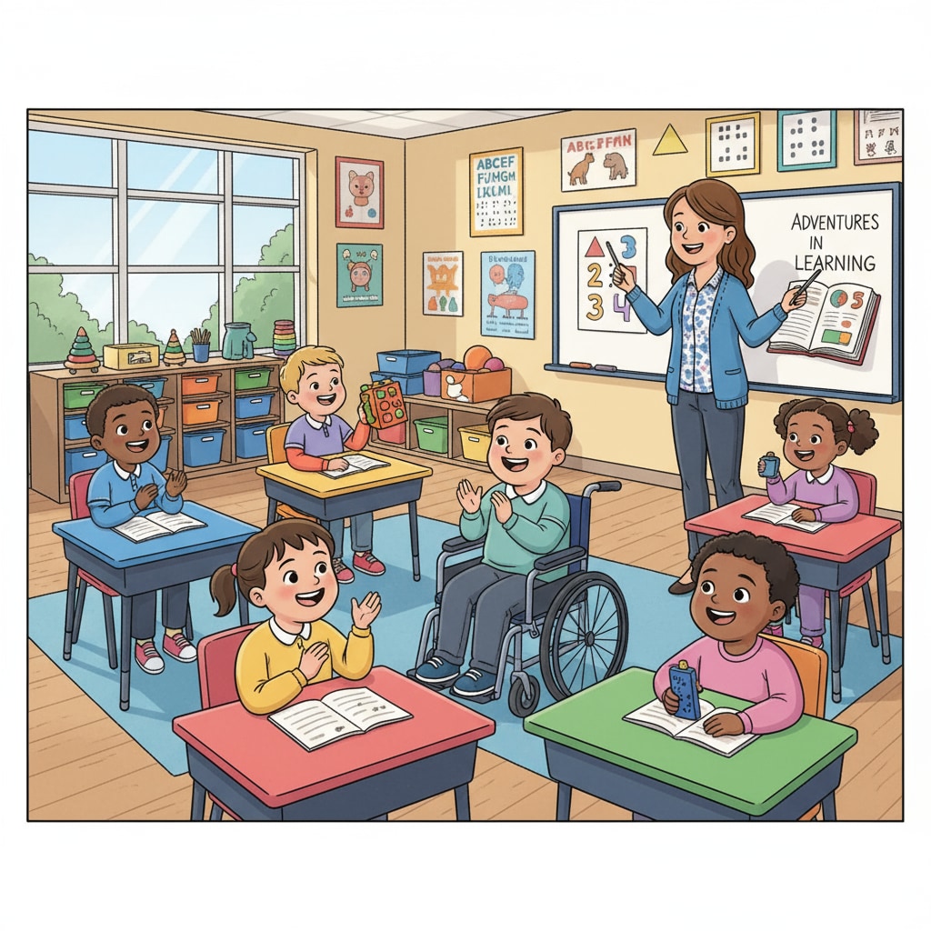 A group of special education students are sitting in a classroom. They have smiles on their faces and are looking at the teacher with eagerness, showing their enthusiasm for learning. Special education students showing eagerness to learn in a classroom, related to student autonomy and learning disabilities