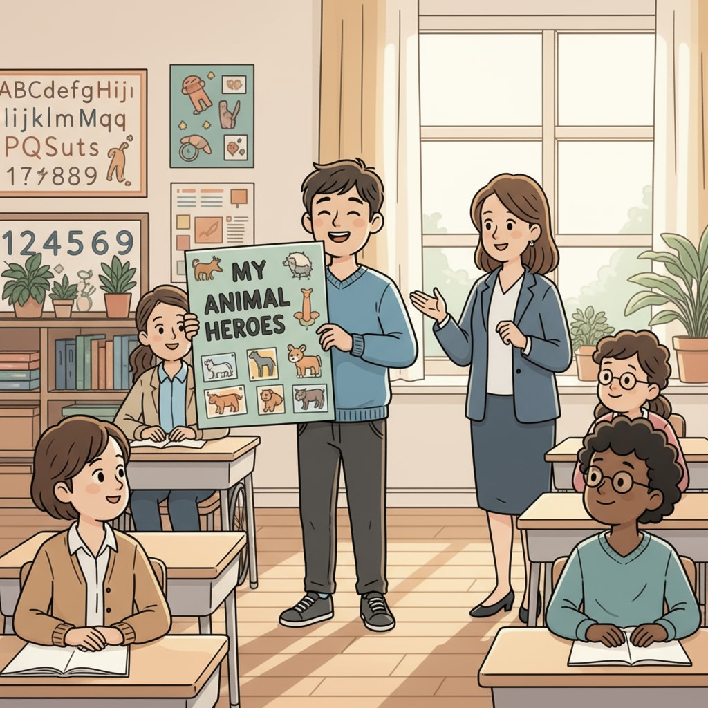 A special education student is standing in front of the class, presenting a project they have chosen. They look confident and proud while explaining their work. A special education student presenting their chosen project with pride, highlighting the importance of student autonomy in special education for those with learning disabilities