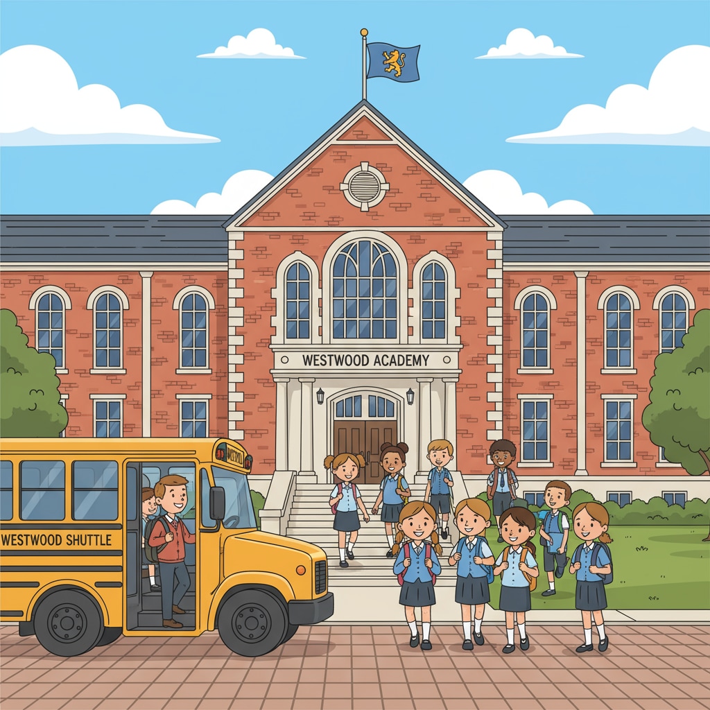 A group of students walking into a private school building, with a school bus parked nearby, showing the connection between private school and commute. Students entering a private school with a school bus, related to private school, commute time, school selection.