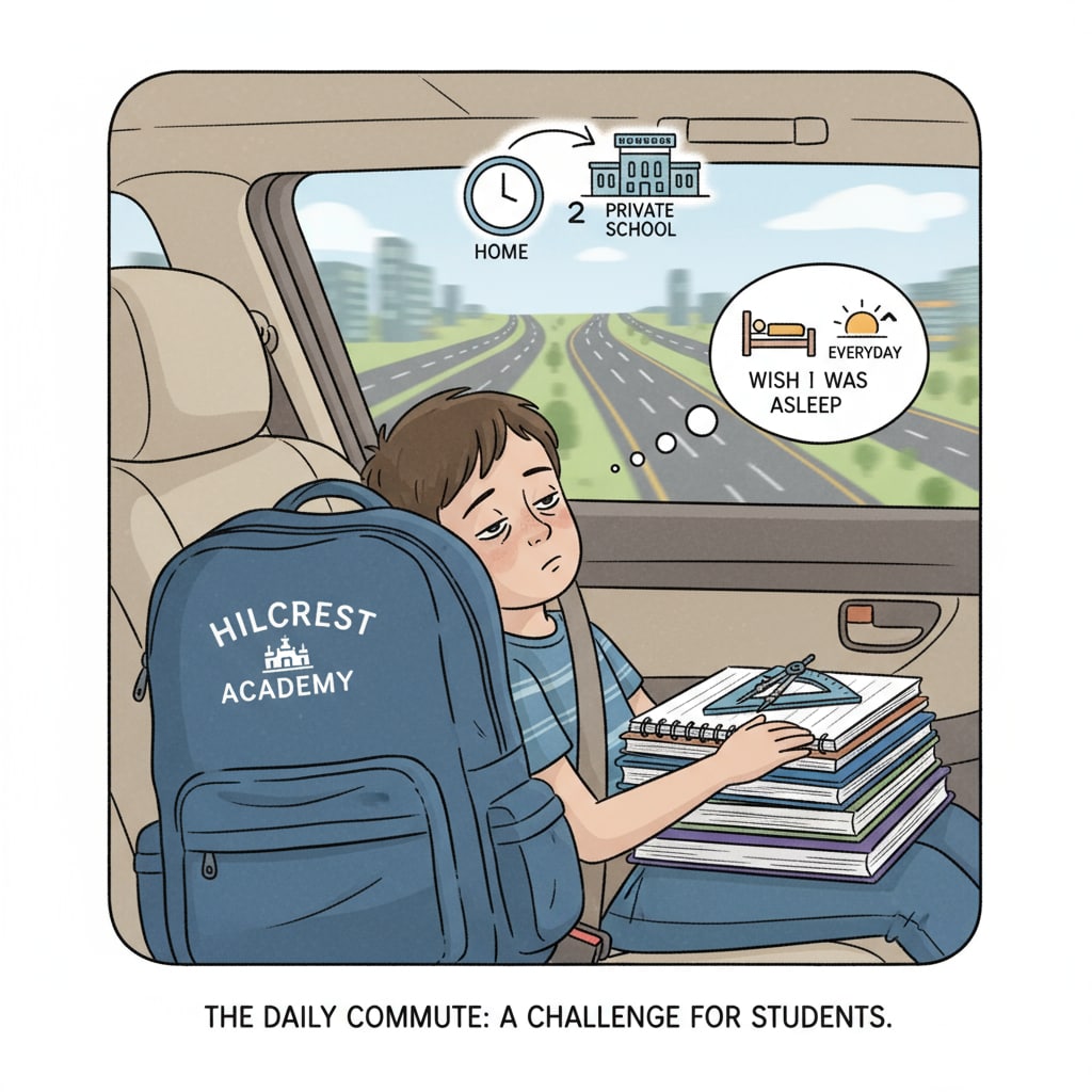 A child sitting in a car, looking tired during a long commute to a private school, highlighting the issue of commute time. A tired child in a car during a long commute to a private school, associated with private school, commute time, school selection.