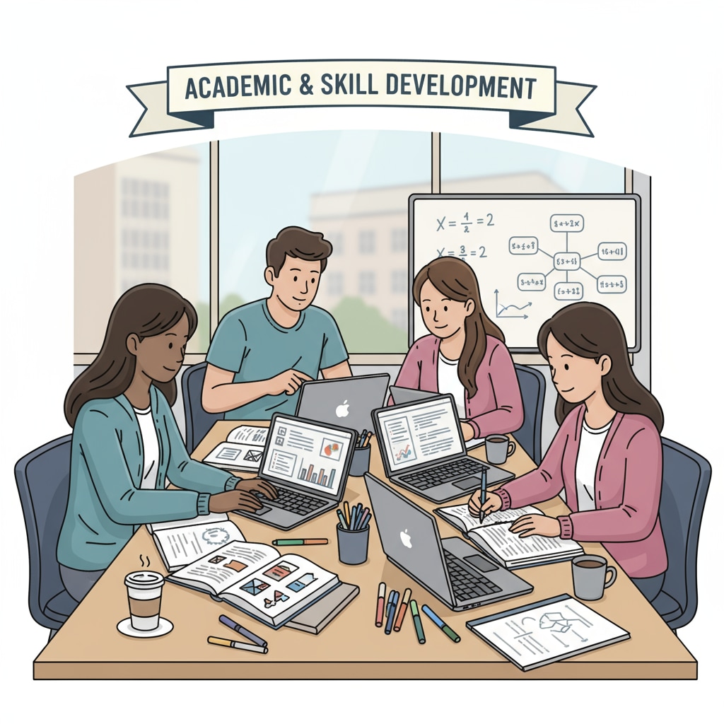 A group of students studying together, with books and laptops open, showing their dedication to academic and skill development Students engaged in academic and skill development activities