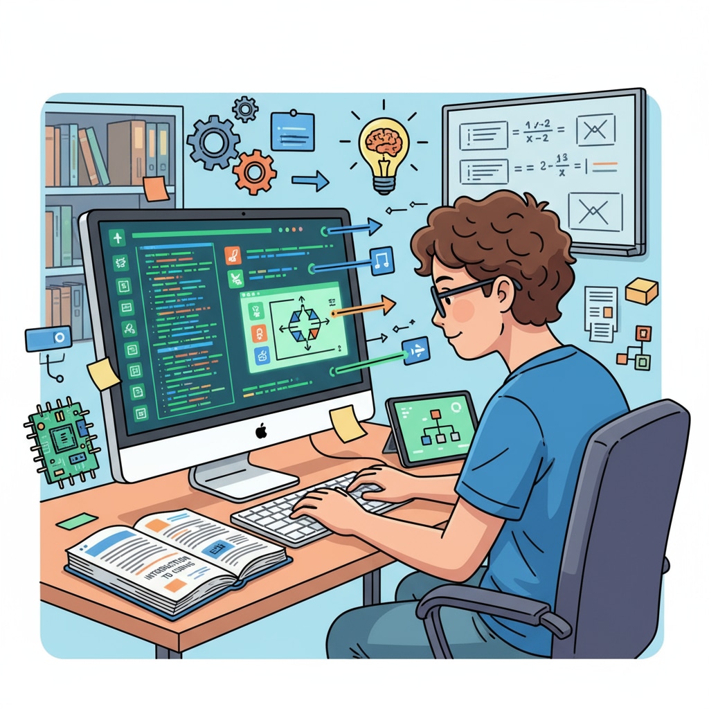 A student working on a computer, coding a program, highlighting the development of technical skills Student developing technical skills through computer coding